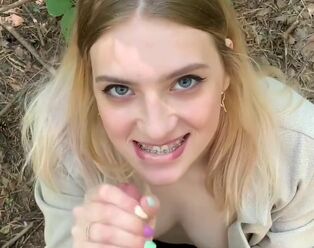 Gargle job in the woods by small barbie